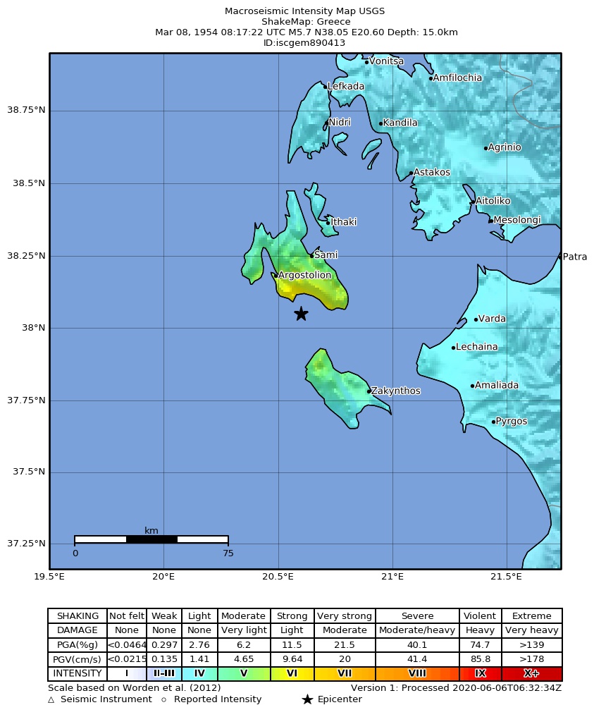 USGS ShakeMap: estimated shaking intensity around the epicenter