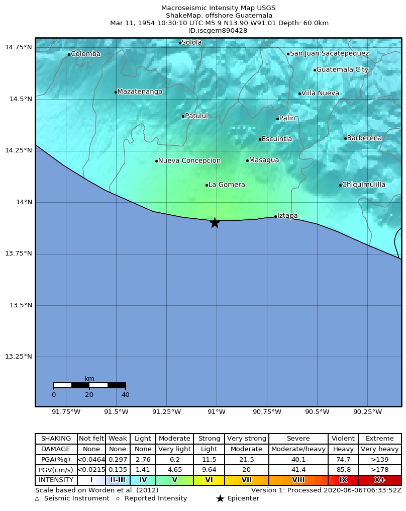 USGS ShakeMap: estimated shaking intensity around the epicenter