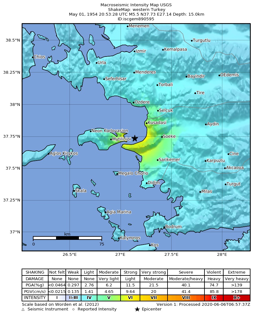 USGS ShakeMap: estimated shaking intensity around the epicenter
