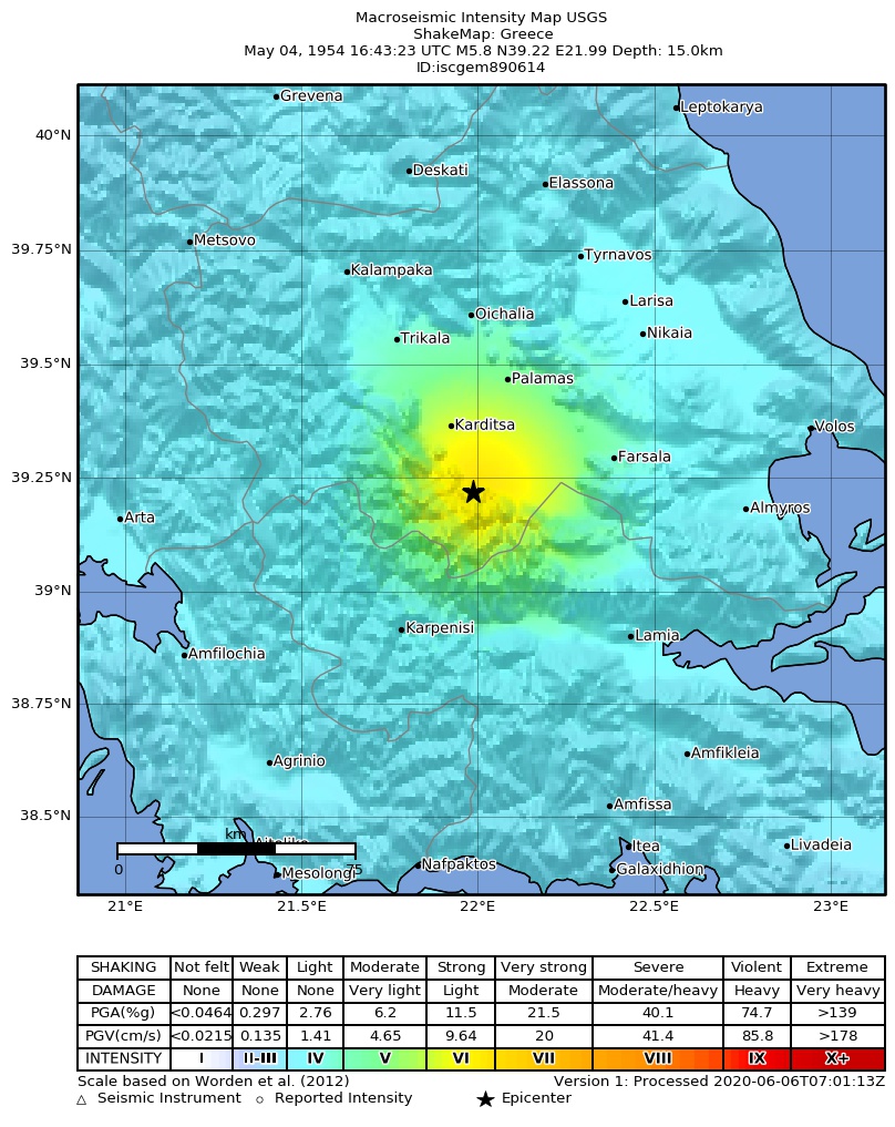 USGS ShakeMap: estimated shaking intensity around the epicenter