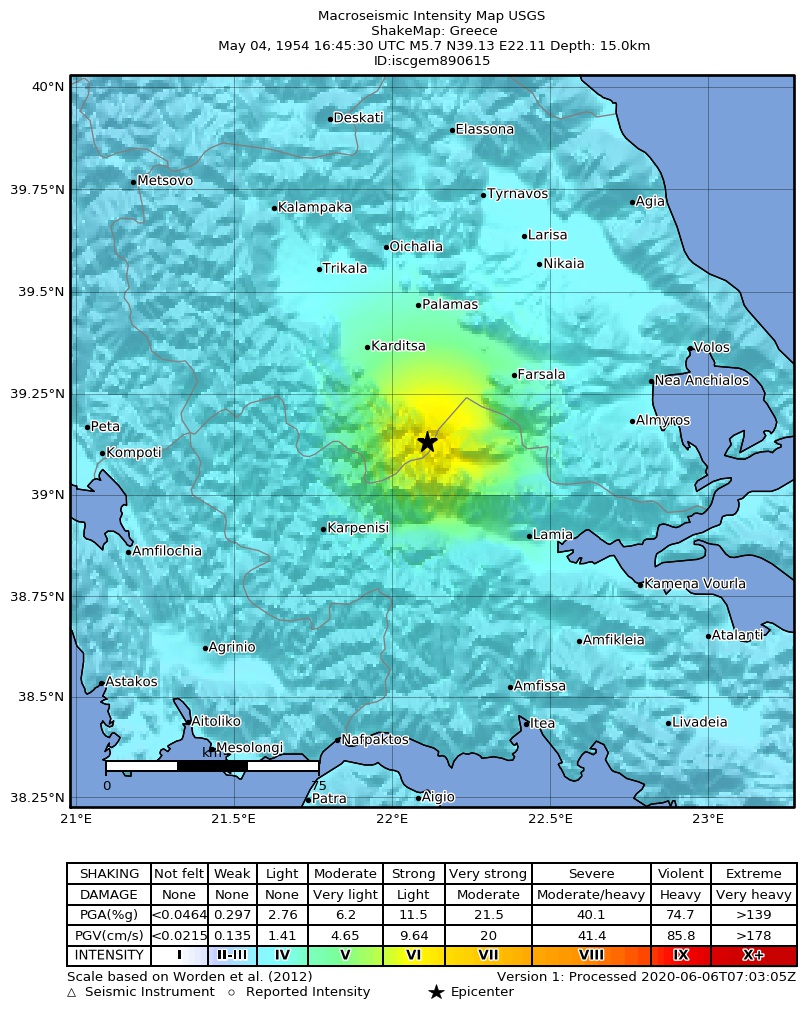 USGS ShakeMap: estimated shaking intensity around the epicenter