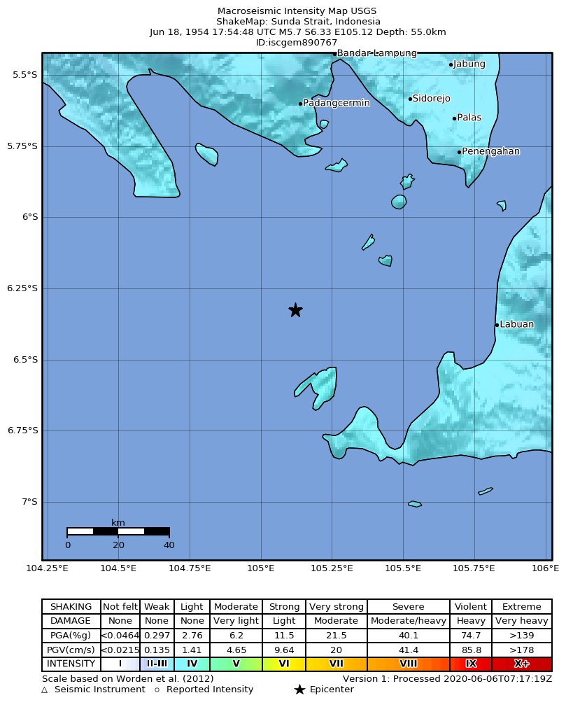 USGS ShakeMap: estimated shaking intensity around the epicenter