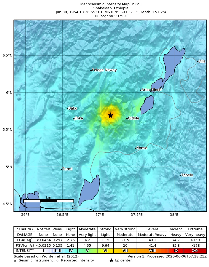 USGS ShakeMap: estimated shaking intensity around the epicenter