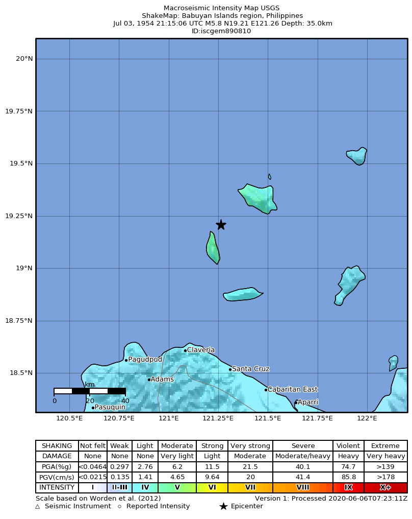USGS ShakeMap: estimated shaking intensity around the epicenter