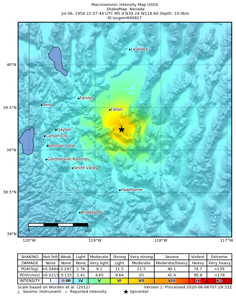 USGS ShakeMap: estimated shaking intensity around the epicenter