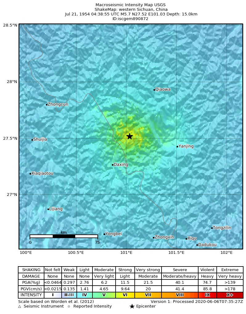 USGS ShakeMap: estimated shaking intensity around the epicenter