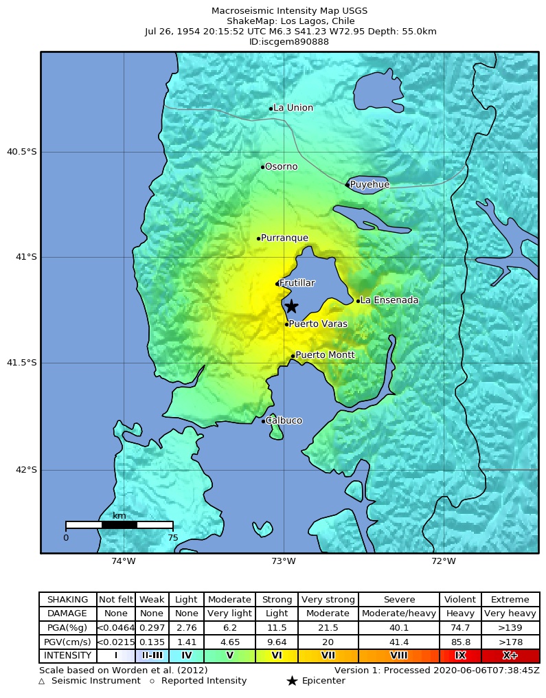 USGS ShakeMap: estimated shaking intensity around the epicenter