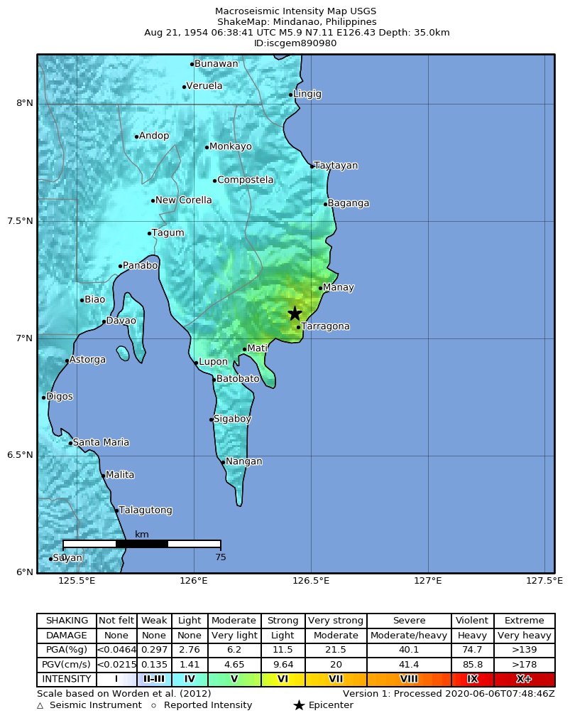 USGS ShakeMap: estimated shaking intensity around the epicenter
