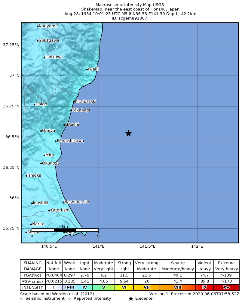 USGS ShakeMap: estimated shaking intensity around the epicenter