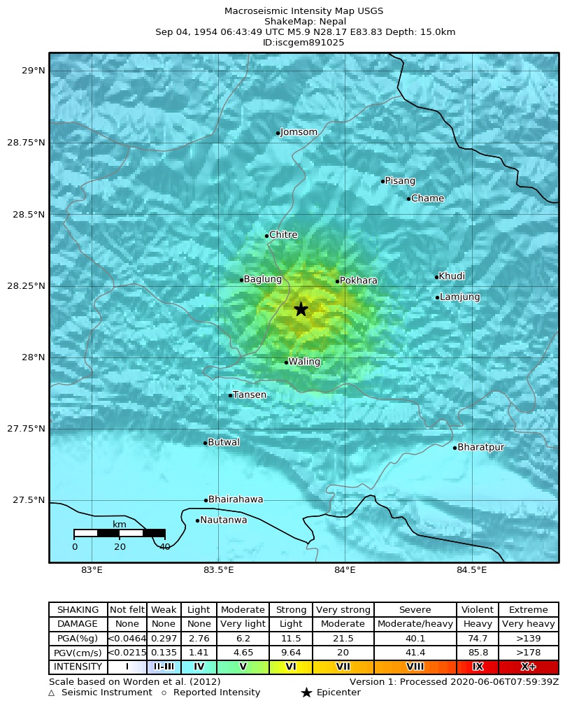 USGS ShakeMap: estimated shaking intensity around the epicenter