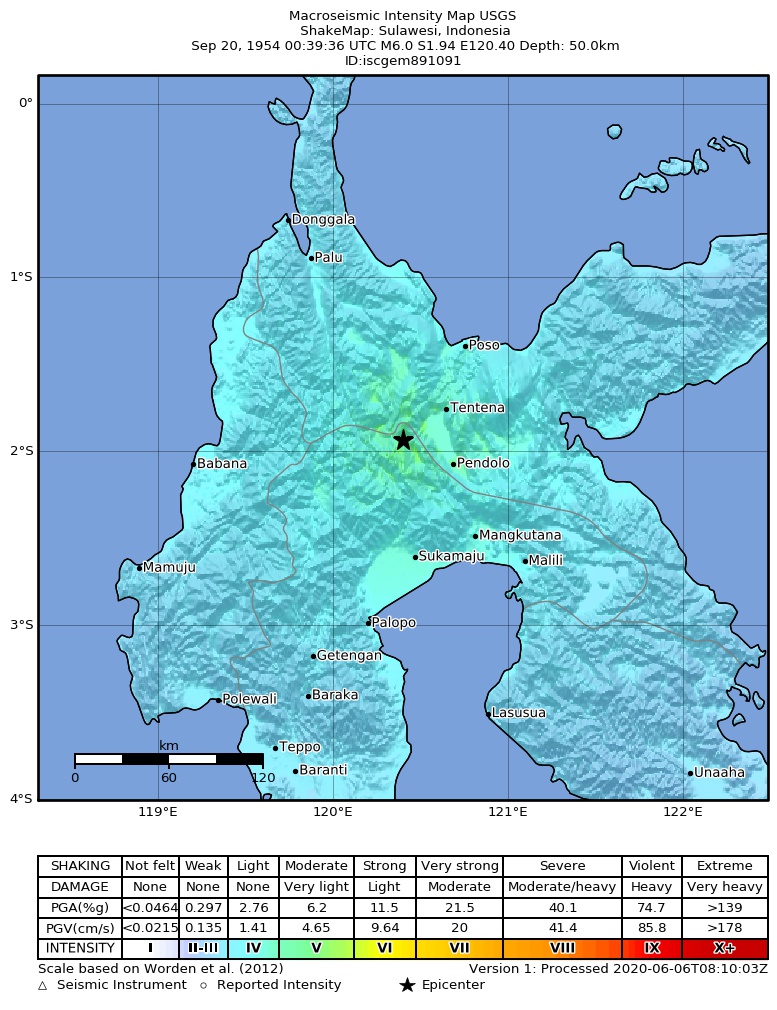 USGS ShakeMap: estimated shaking intensity around the epicenter