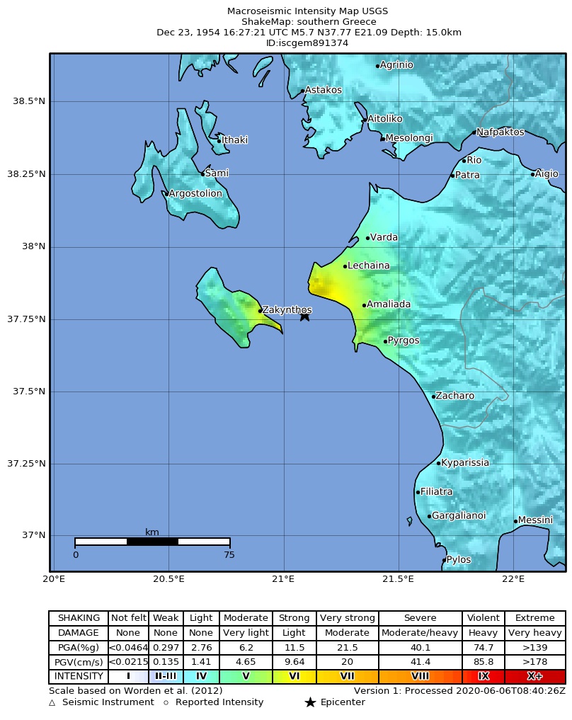 USGS ShakeMap: estimated shaking intensity around the epicenter
