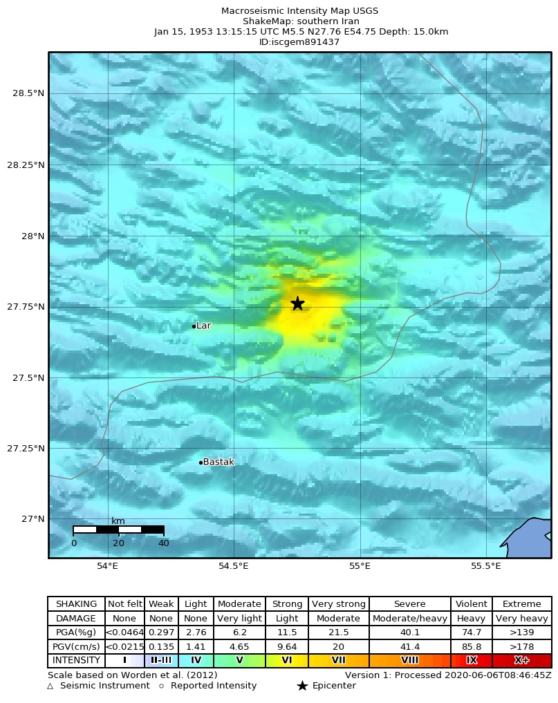 USGS ShakeMap: estimated shaking intensity around the epicenter