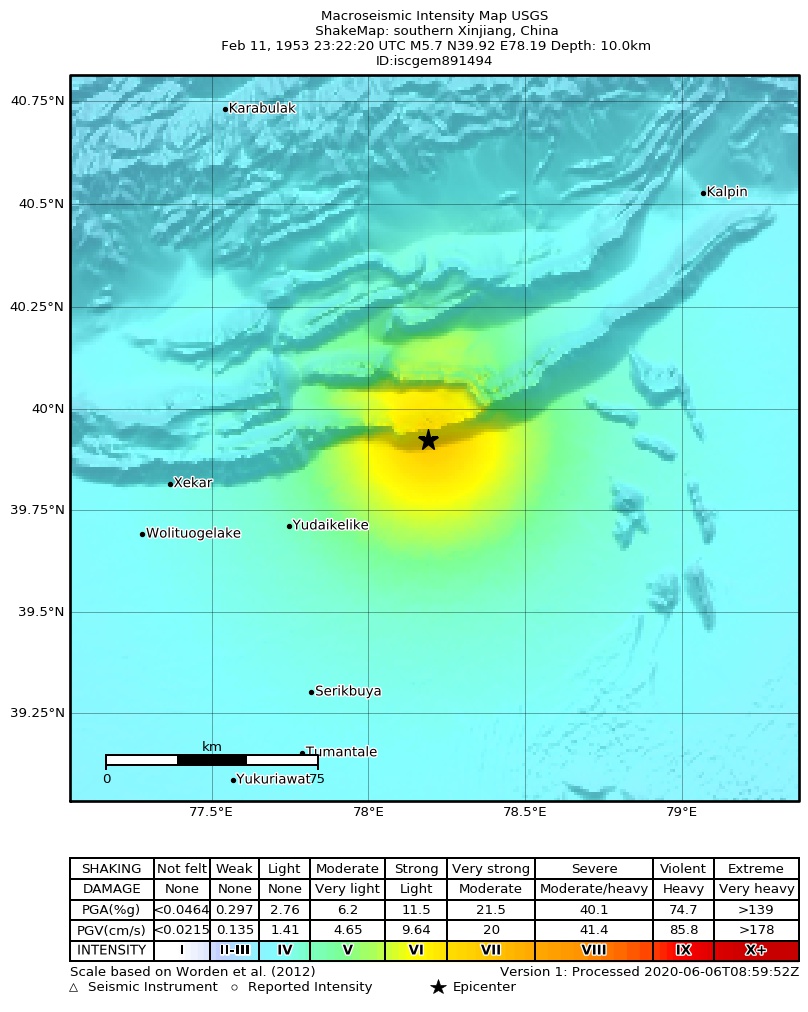 USGS ShakeMap: estimated shaking intensity around the epicenter