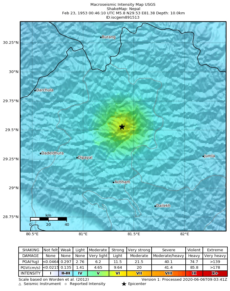 USGS ShakeMap: estimated shaking intensity around the epicenter