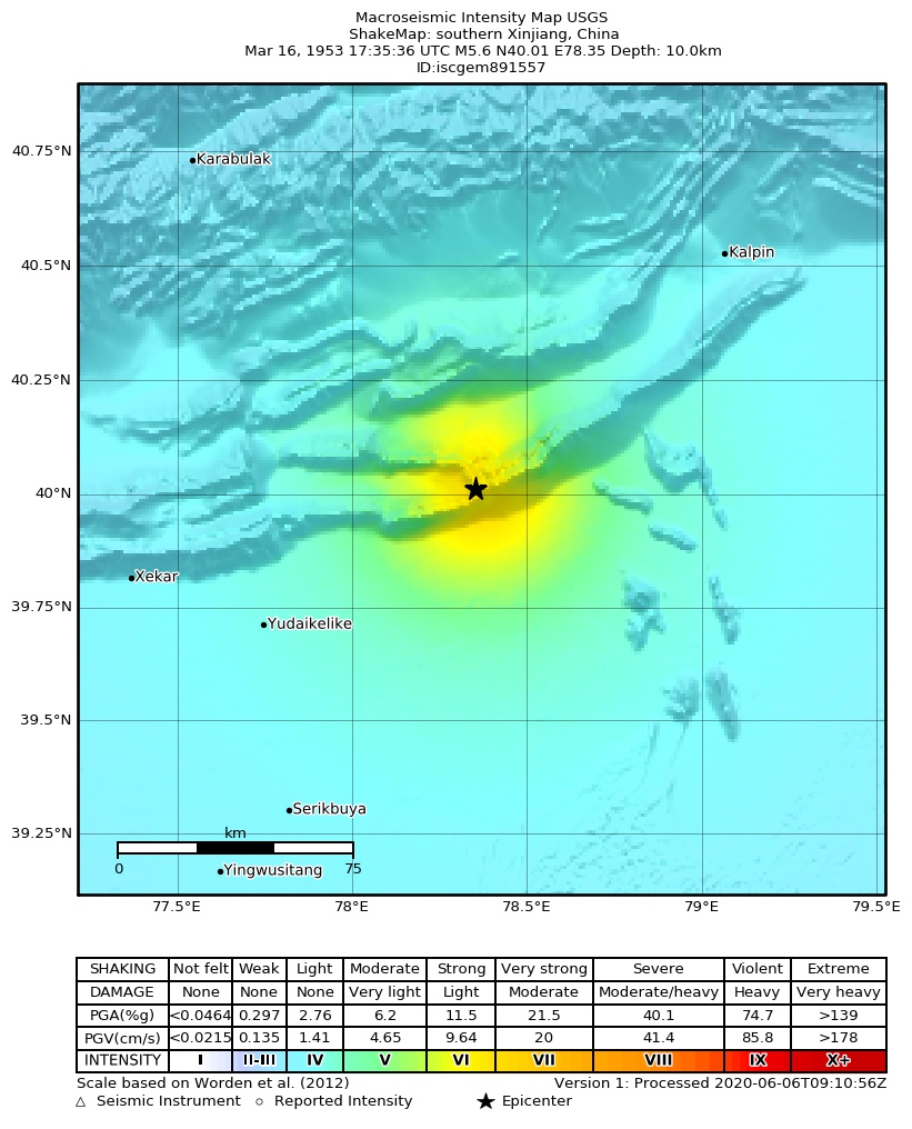 USGS ShakeMap: estimated shaking intensity around the epicenter