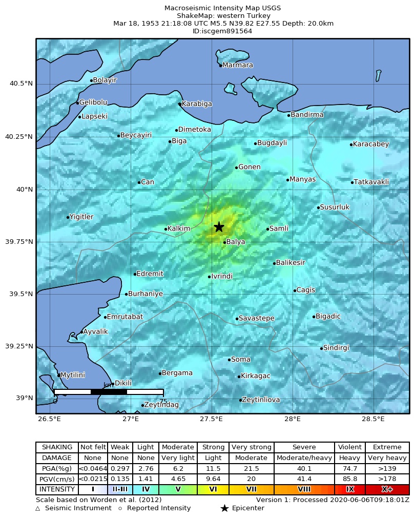 USGS ShakeMap: estimated shaking intensity around the epicenter