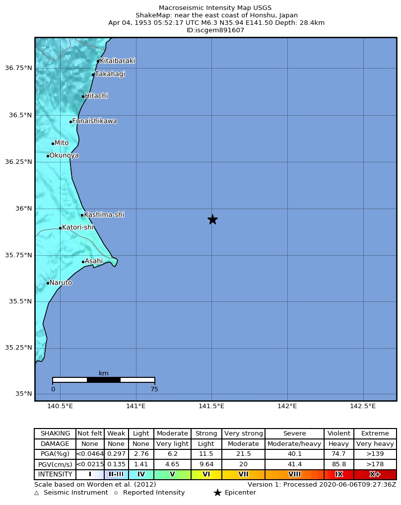 USGS ShakeMap: estimated shaking intensity around the epicenter