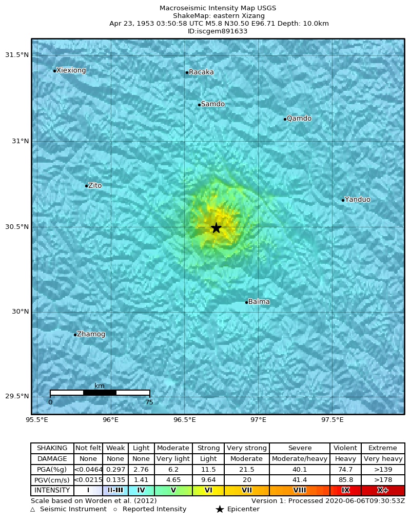 USGS ShakeMap: estimated shaking intensity around the epicenter