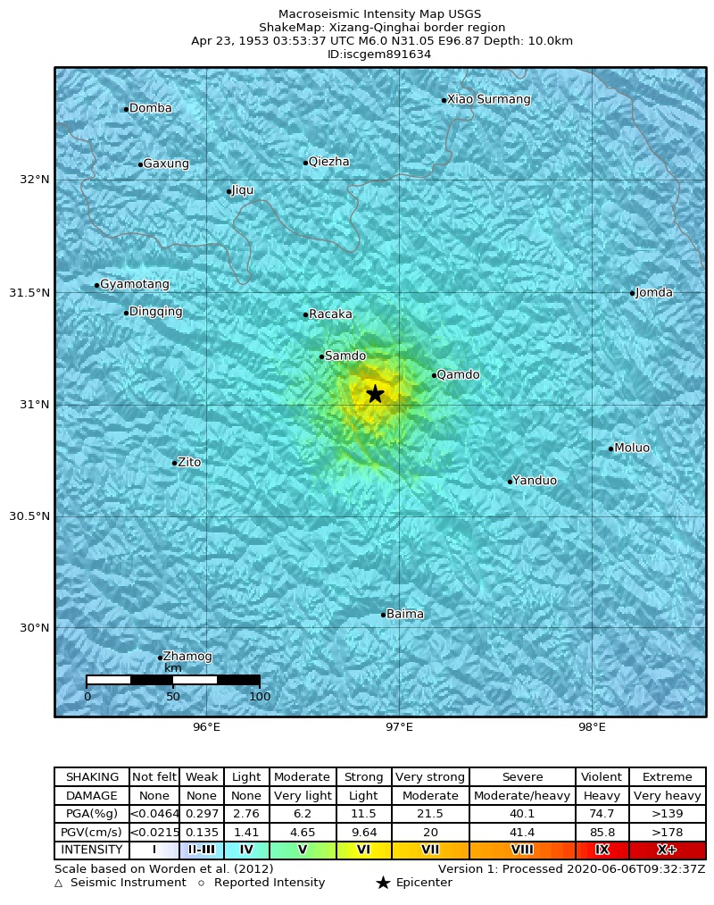 USGS ShakeMap: estimated shaking intensity around the epicenter