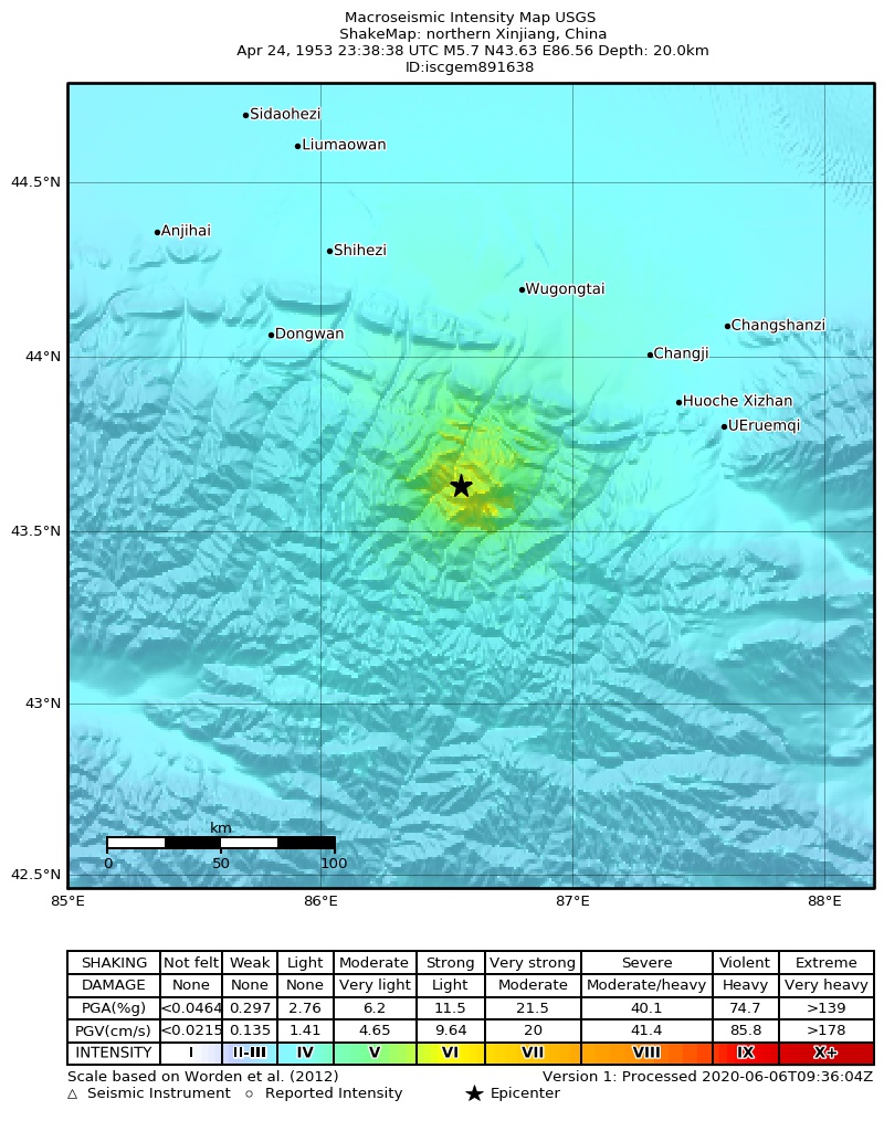 USGS ShakeMap: estimated shaking intensity around the epicenter