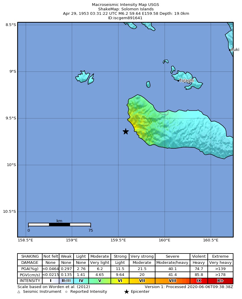 USGS ShakeMap: estimated shaking intensity around the epicenter