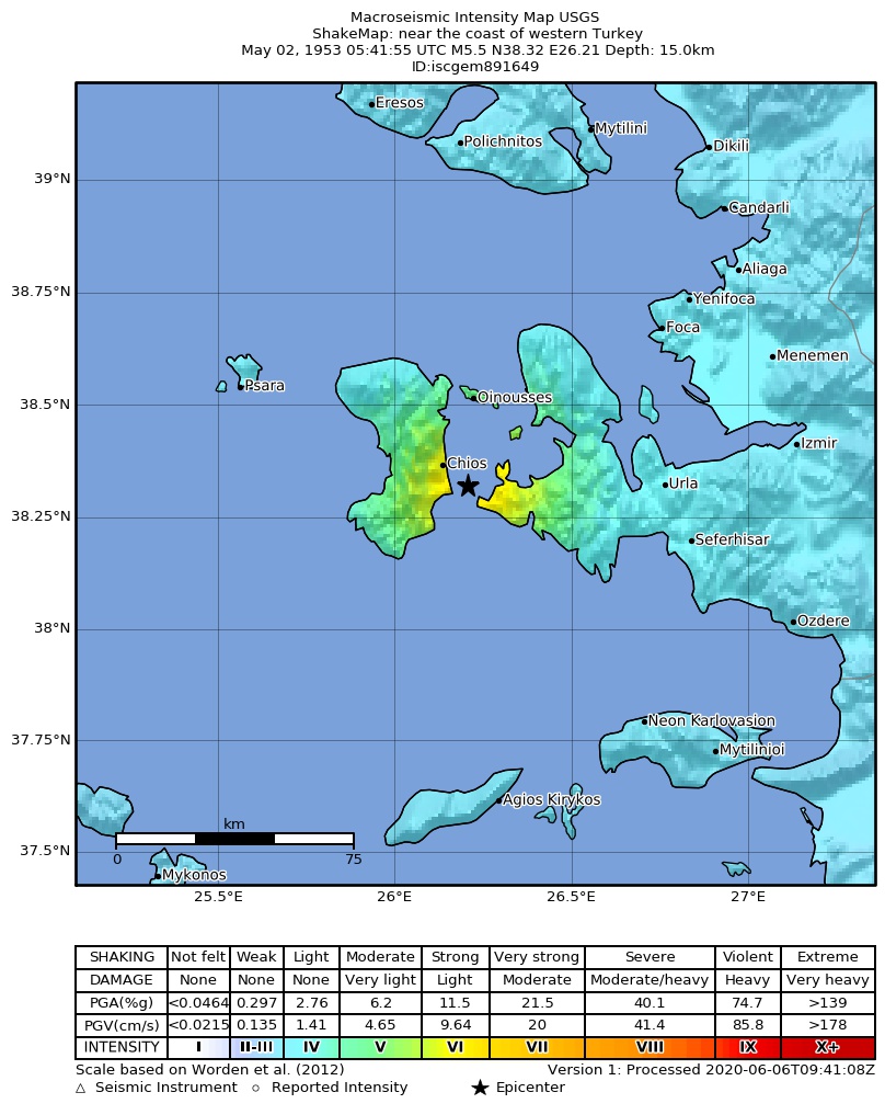 USGS ShakeMap: estimated shaking intensity around the epicenter