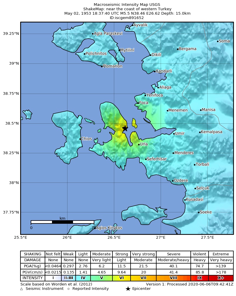 USGS ShakeMap: estimated shaking intensity around the epicenter