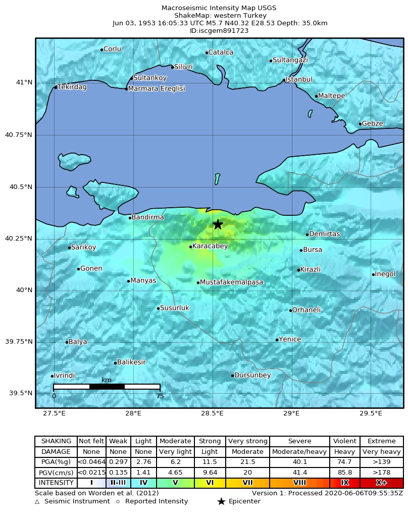 USGS ShakeMap: estimated shaking intensity around the epicenter