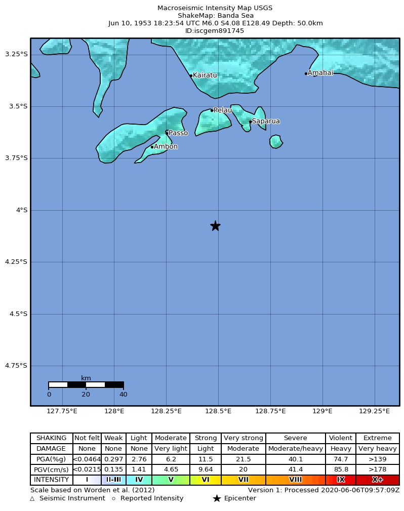 USGS ShakeMap: estimated shaking intensity around the epicenter