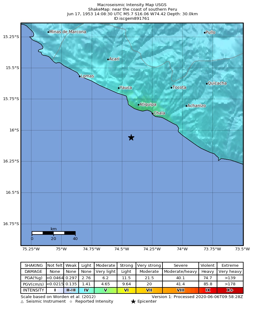 USGS ShakeMap: estimated shaking intensity around the epicenter