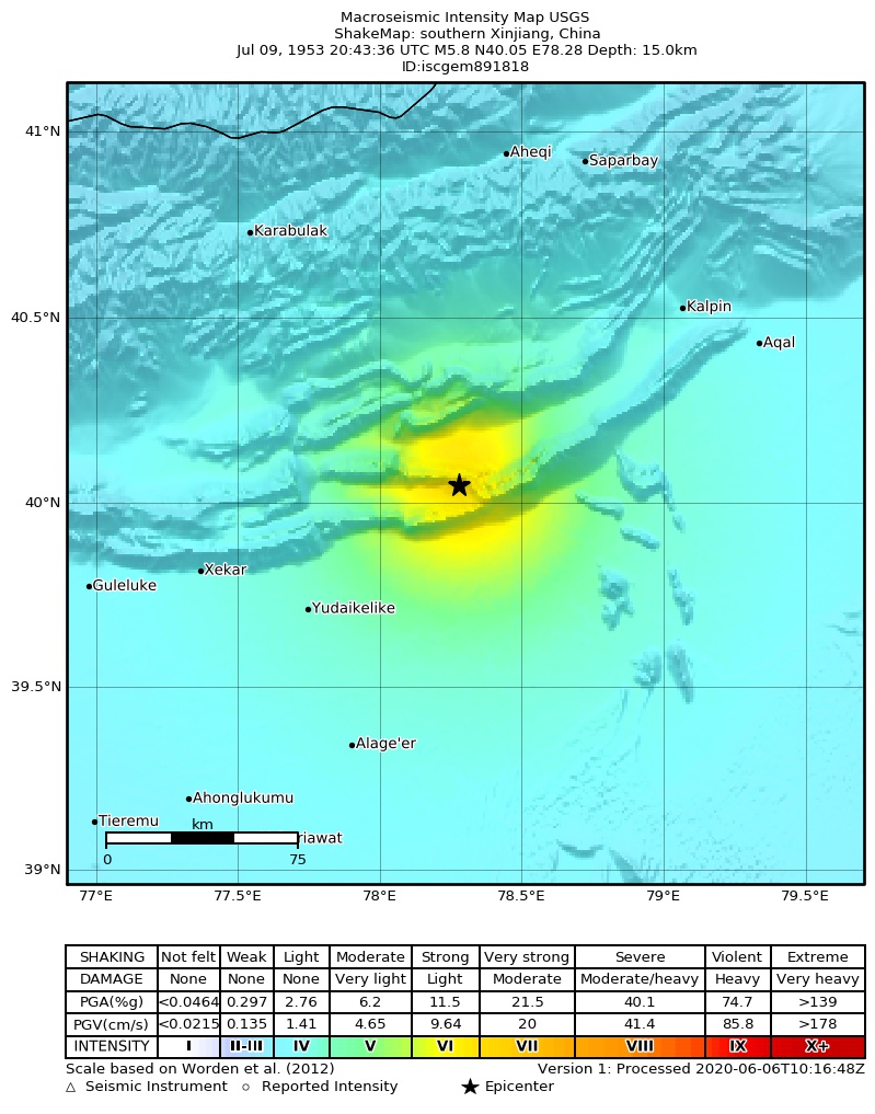 USGS ShakeMap: estimated shaking intensity around the epicenter