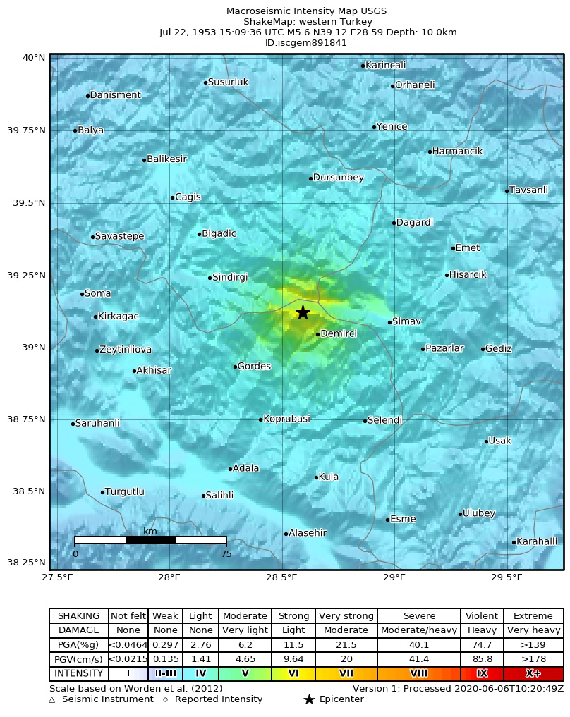 USGS ShakeMap: estimated shaking intensity around the epicenter