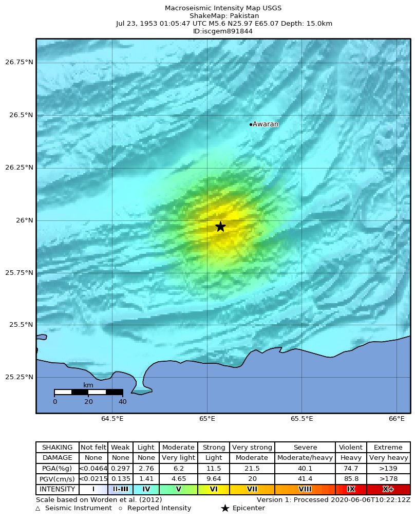 USGS ShakeMap: estimated shaking intensity around the epicenter
