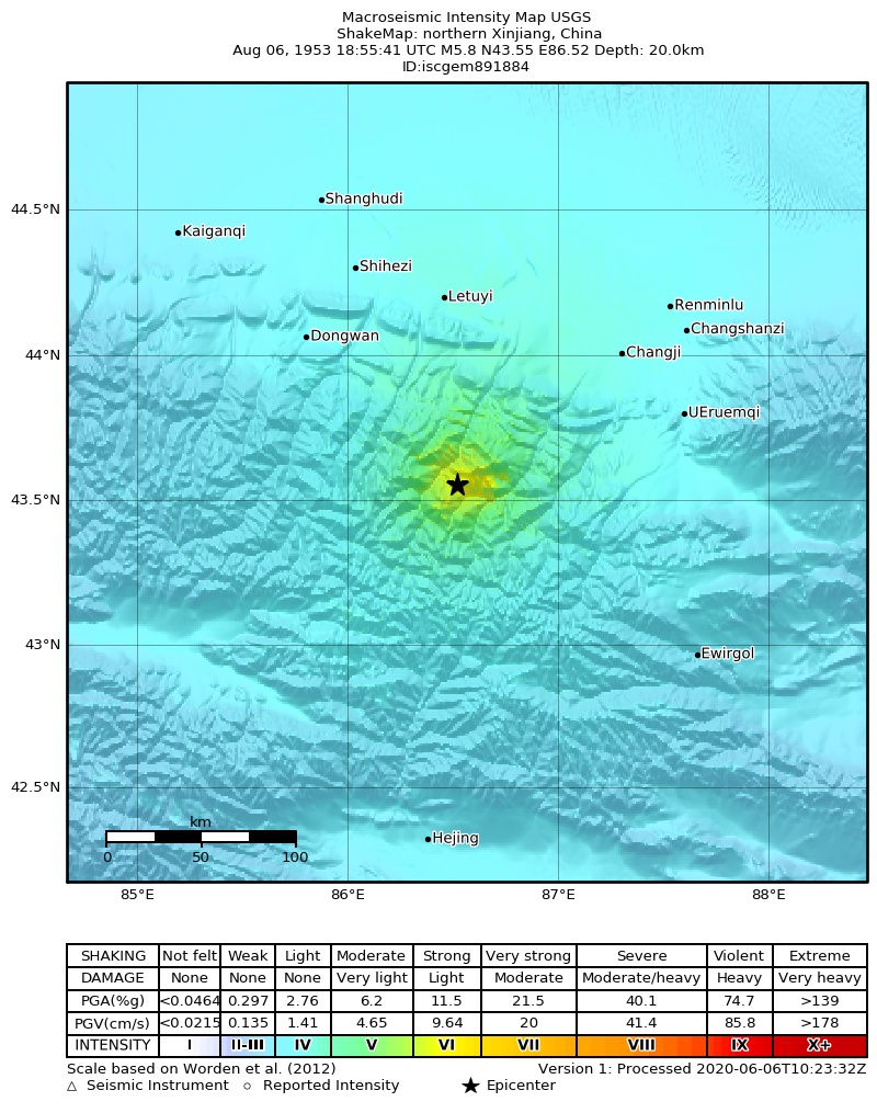 USGS ShakeMap: estimated shaking intensity around the epicenter