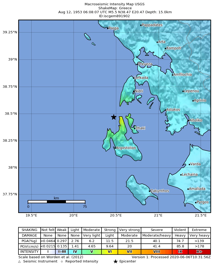 USGS ShakeMap: estimated shaking intensity around the epicenter