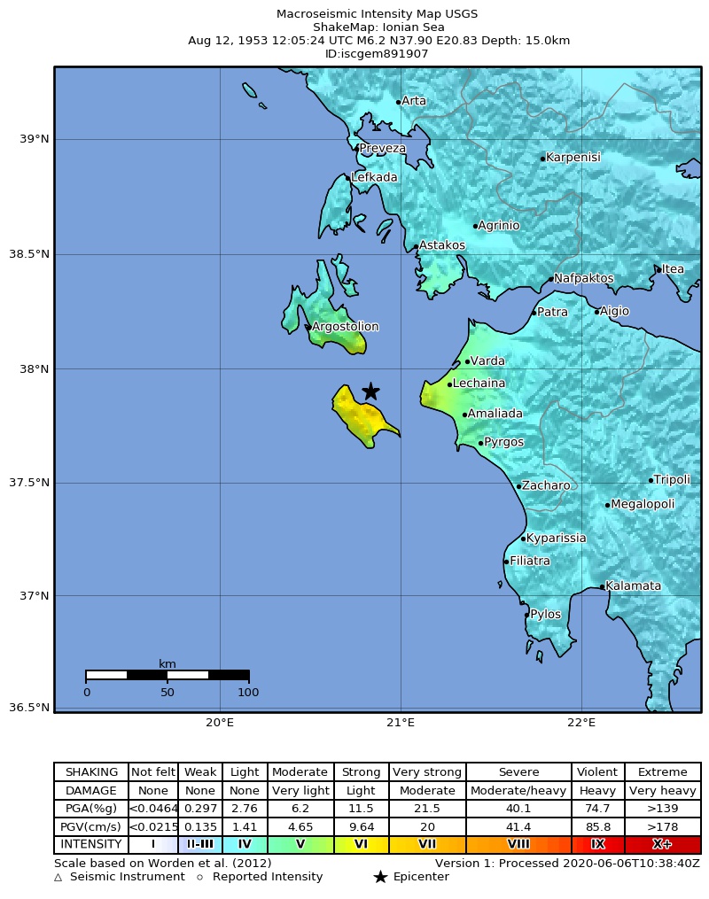 USGS ShakeMap: estimated shaking intensity around the epicenter