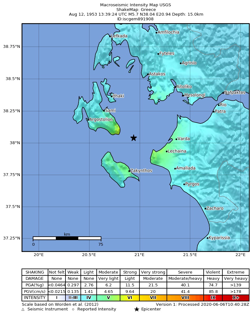 USGS ShakeMap: estimated shaking intensity around the epicenter