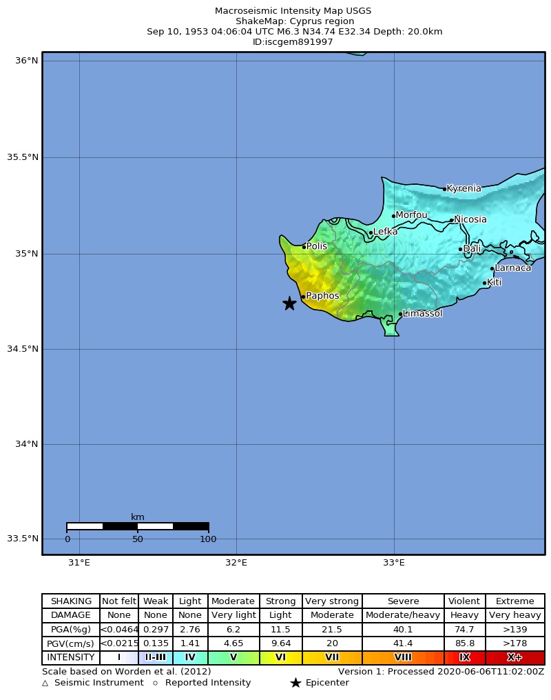 USGS ShakeMap: estimated shaking intensity around the epicenter