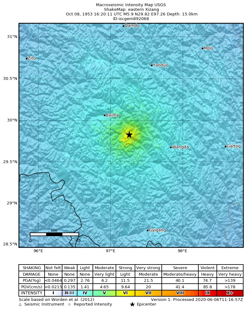 USGS ShakeMap: estimated shaking intensity around the epicenter