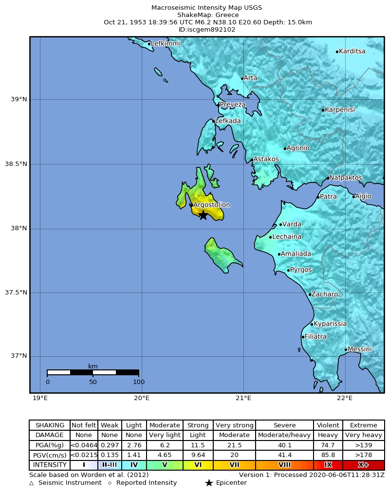 USGS ShakeMap: estimated shaking intensity around the epicenter