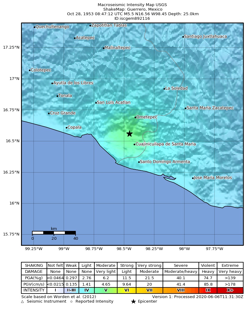 USGS ShakeMap: estimated shaking intensity around the epicenter
