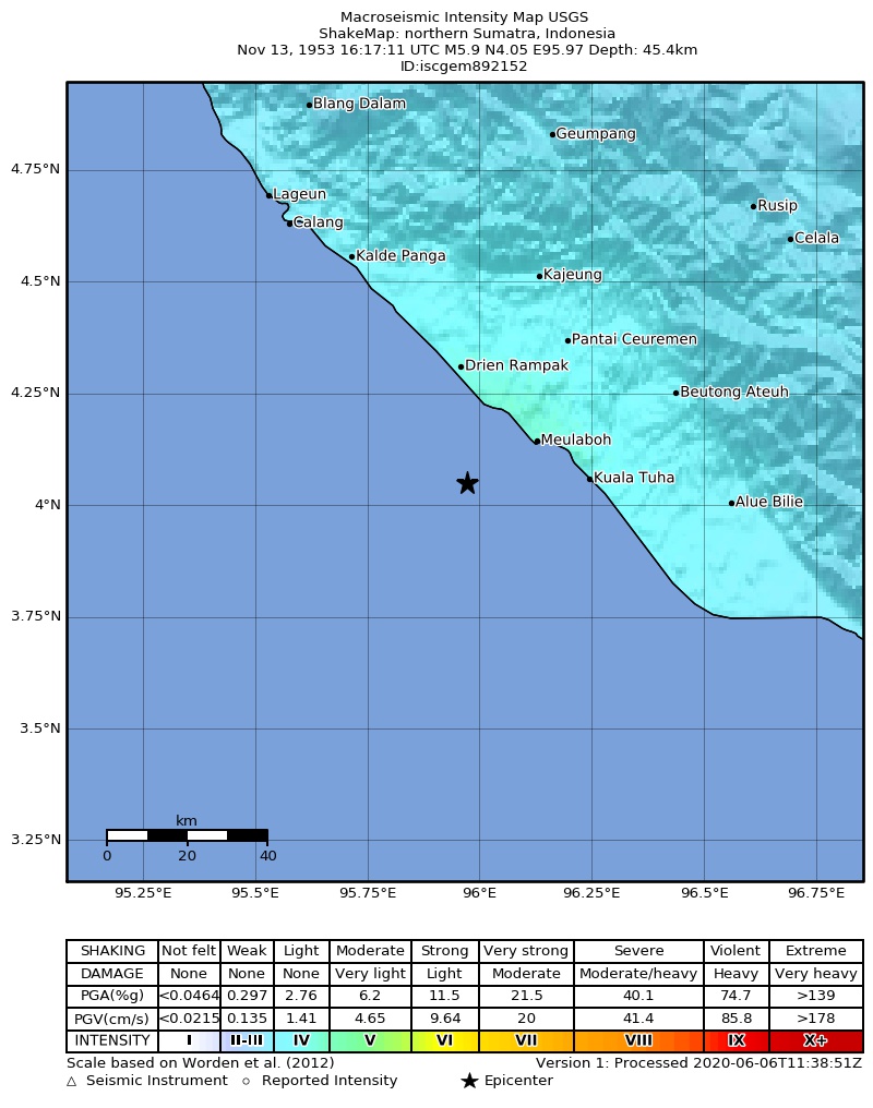 USGS ShakeMap: estimated shaking intensity around the epicenter