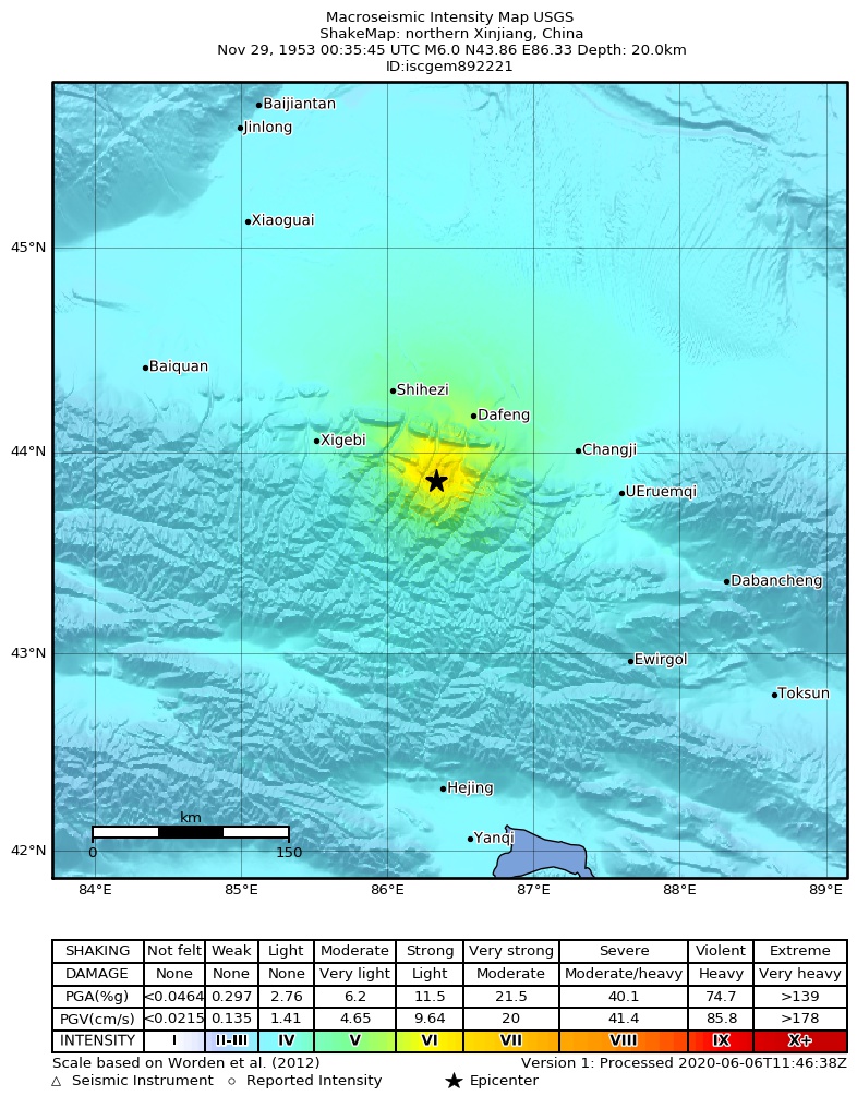 USGS ShakeMap: estimated shaking intensity around the epicenter
