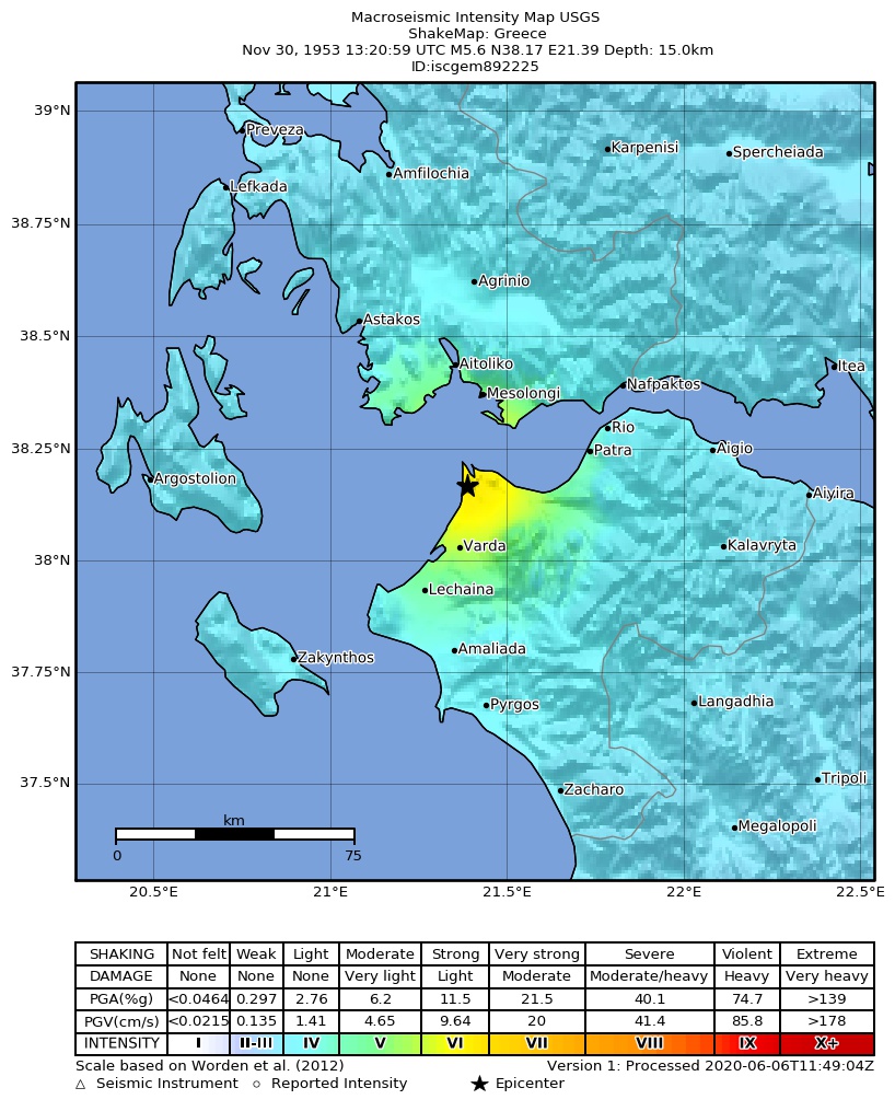 USGS ShakeMap: estimated shaking intensity around the epicenter
