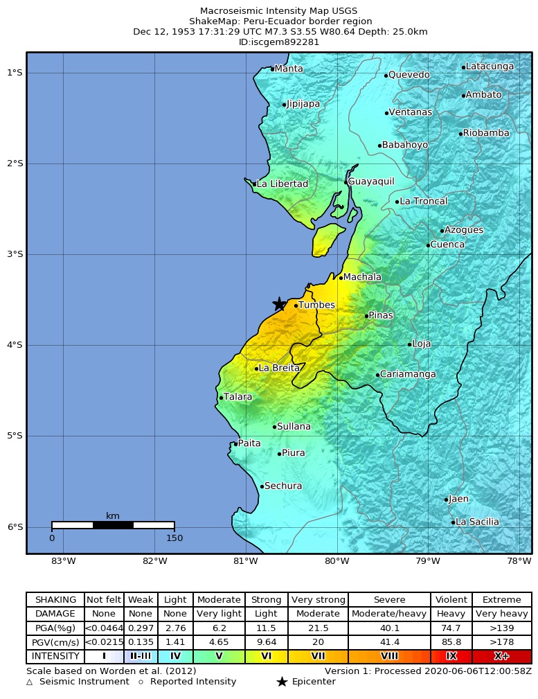USGS ShakeMap: estimated shaking intensity around the epicenter