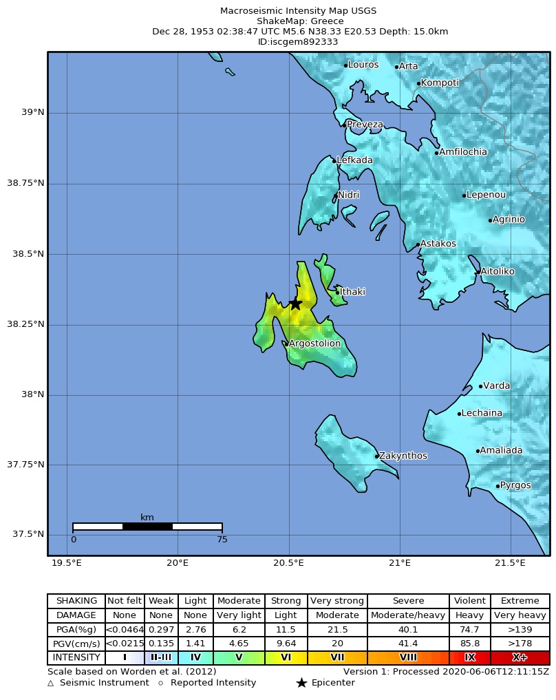 USGS ShakeMap: estimated shaking intensity around the epicenter