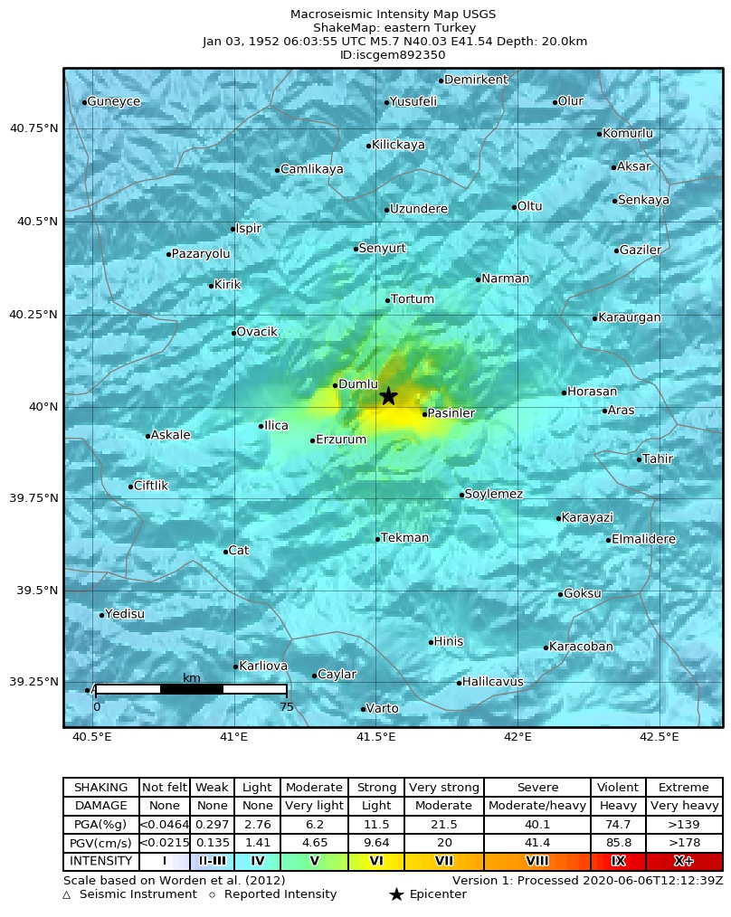 USGS ShakeMap: estimated shaking intensity around the epicenter