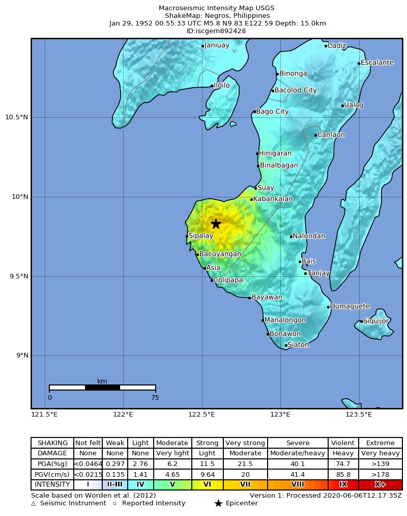 USGS ShakeMap: estimated shaking intensity around the epicenter
