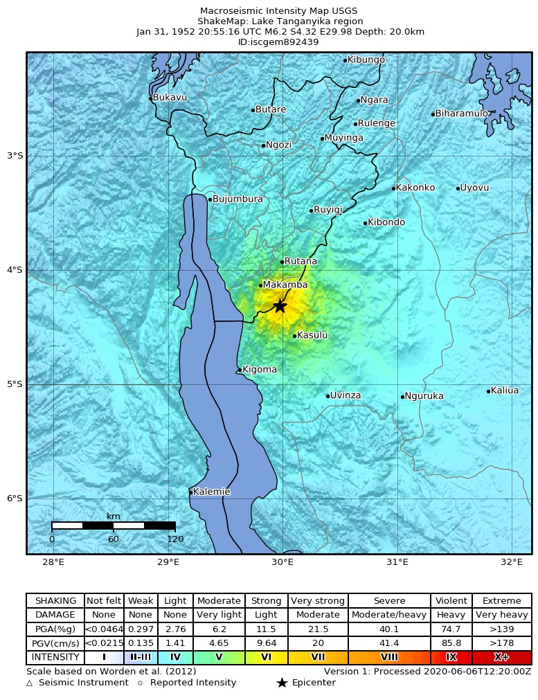 USGS ShakeMap: estimated shaking intensity around the epicenter